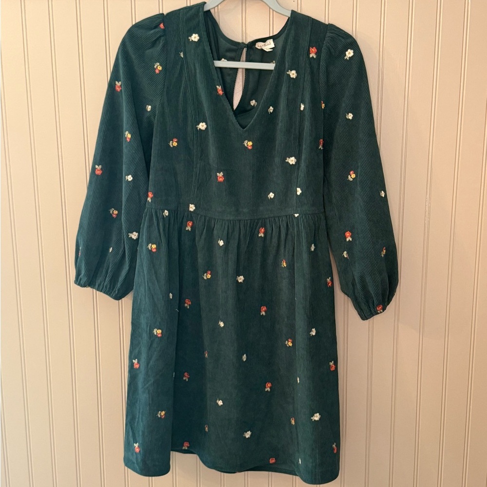 Hem & Thread Green Floral Corduroy Dress